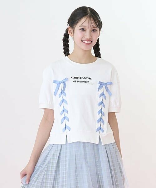 mezzo piano junior / メゾピアノジュニア Tシャツ | 【ニコ☆プチ掲載】袖パフレースアップTシャツ（オフ ホワイト）