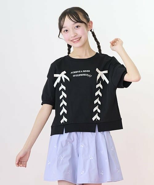mezzo piano junior / メゾピアノジュニア Tシャツ | 【ニコ☆プチ掲載】袖パフレースアップTシャツ | 詳細1