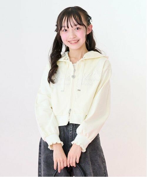 mezzo piano junior / メゾピアノジュニア パーカー | 【抗菌・消臭（汗臭）】ショート丈Wジップパーカ（アイボリー）