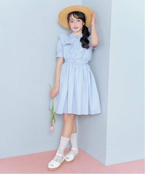 mezzo piano junior / メゾピアノジュニア ミニ丈・ひざ丈ワンピース | 【ニコ☆プチ掲載】ハーフジップフリルワンピース（サックス）