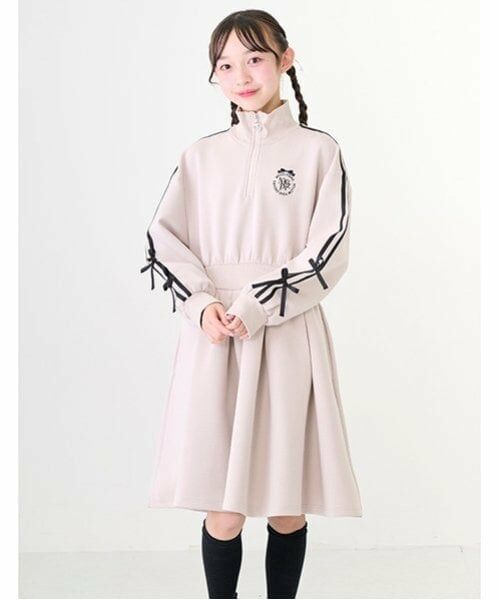 mezzo piano junior / メゾピアノジュニア ミニ丈・ひざ丈ワンピース | ハーフジップサイドリボンワンピース（ECRU(キナリ)）