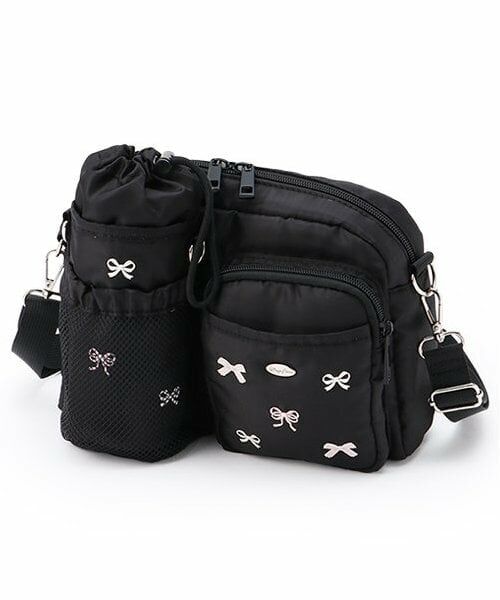 mezzo piano junior / メゾピアノジュニア ショルダーバッグ | リボン柄ペットボトルホルダーつきショルダーバッグ（黒）