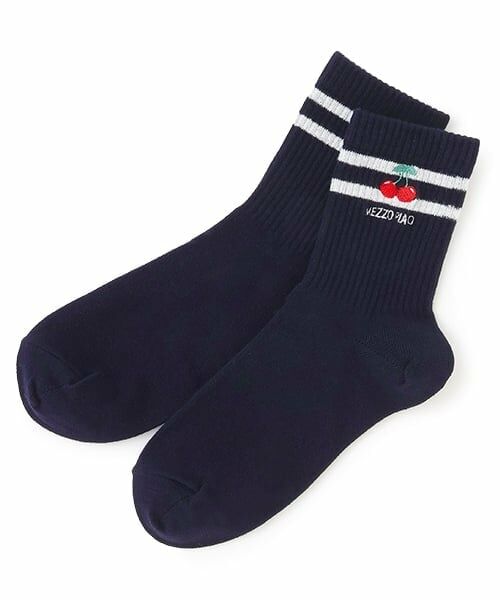 mezzo piano junior / メゾピアノジュニア ソックス | 【ニコ☆プチ掲載】ライン&チェリー刺しゅうソックス（紺）