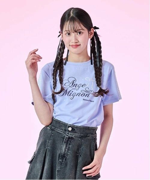 mezzo piano junior / メゾピアノジュニア Tシャツ | 【接触冷感】袖レースラインTシャツ（ラベンダー）