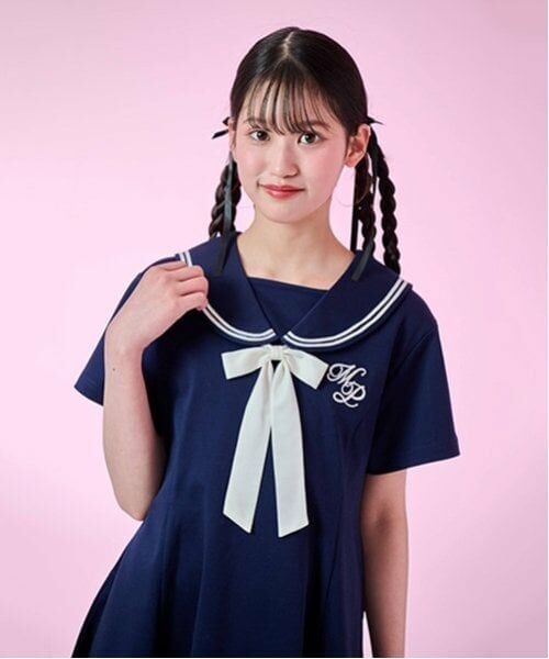 mezzo piano junior / メゾピアノジュニア ミニ丈・ひざ丈ワンピース | 【接触冷感】リボンつきセーラーワンピース（紺）