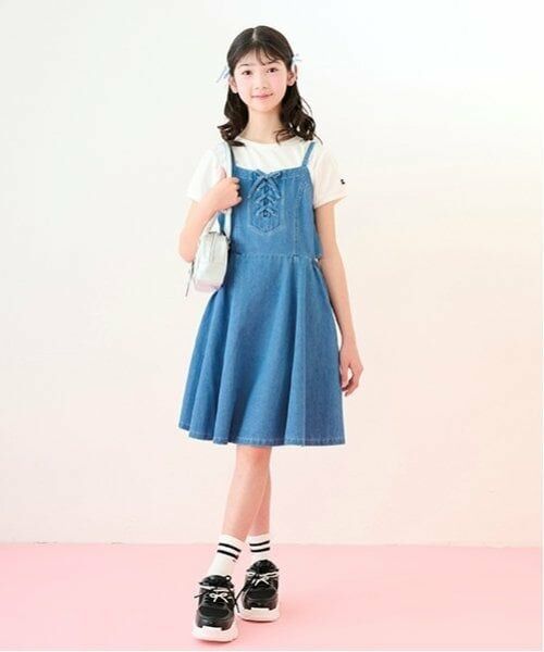 mezzo piano junior / メゾピアノジュニア ミニ丈・ひざ丈ワンピース | 【接触冷感】サイドスリットレースアップジャンスカセット（ブルー）