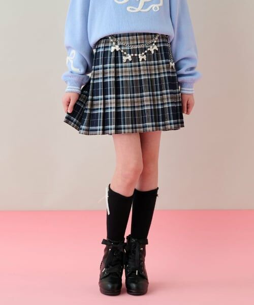 mezzo piano junior / メゾピアノジュニア ミニ・ひざ丈スカート | チェーンベルトつきチェックプリーツスカート（スパッツつき）（紺）