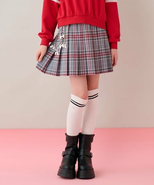 mezzo piano junior / メゾピアノジュニア ミニ・ひざ丈スカート | チェーンベルトつきチェックプリーツスカート（スパッツつき）（グレー）