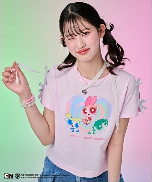 mezzo piano junior / メゾピアノジュニア Tシャツ | 【The Powerpuff Girls】　袖リボンTシャツ（ピンク）