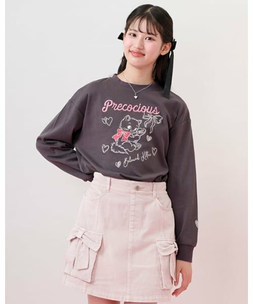 mezzo piano junior / メゾピアノジュニア Tシャツ | Kitten＆Ribbon 長袖Tシャツ（チャコール）