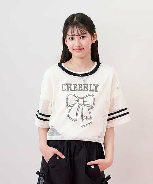 mezzo piano junior / メゾピアノジュニア Tシャツ | リボンメッシュTシャツセット（オフ ホワイト）