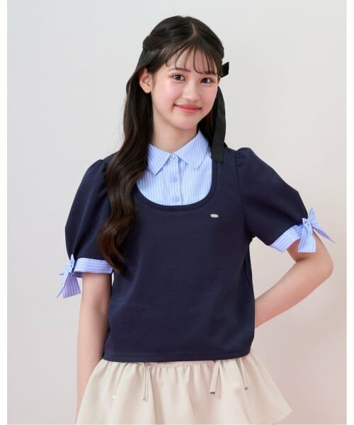 mezzo piano junior / メゾピアノジュニア Tシャツ | 袖リボン布帛ドッキングTシャツ（紺）