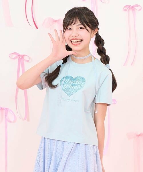 mezzo piano junior / メゾピアノジュニア Tシャツ | 25th anniversary 【冷感】キラキラハートロゴTシャツ（ライト ブルー）