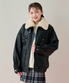 mezzo piano junior / メゾピアノジュニア ブルゾン | リボンアップリケ合皮ジャケット（フェイクファー衿つき）