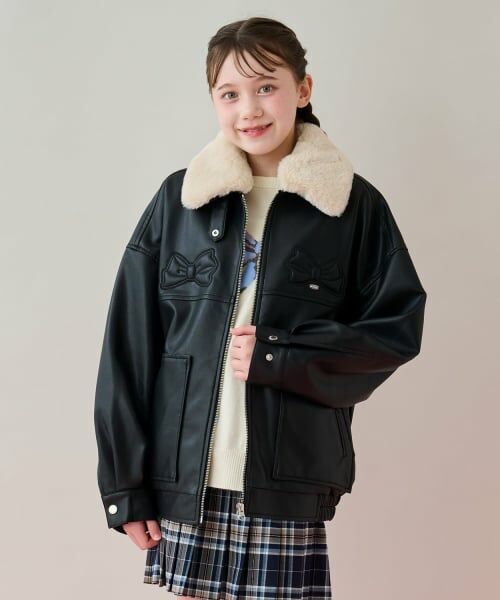 mezzo piano junior / メゾピアノジュニア ブルゾン | リボンアップリケ合皮ジャケット（フェイクファー衿つき）（黒）