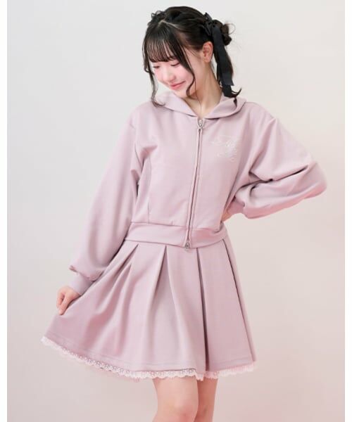 mezzo piano junior / メゾピアノジュニア パーカー | キラキラロゴジップパーカ＆トリムレーススカパンセットアップ（ピンク）