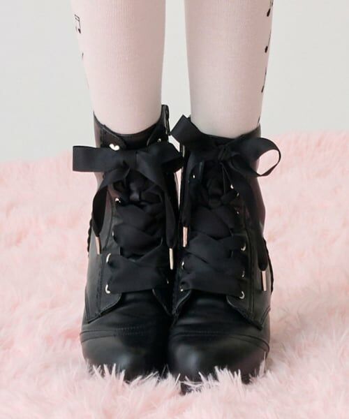mezzo piano junior / メゾピアノジュニア ブーツ（ショート丈） | サテンリボンスカラップショートブーツ（黒）