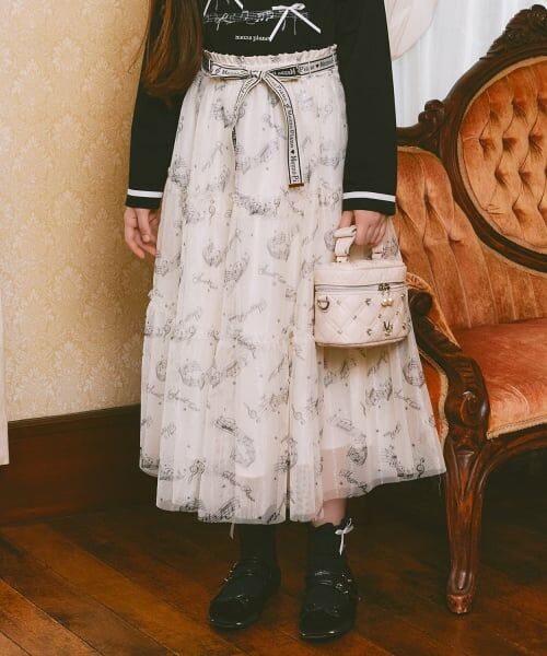 mezzo piano junior / メゾピアノジュニア ミニ・ひざ丈スカート | 音符柄ベルトフリルチュールスカート♪（アイボリー）