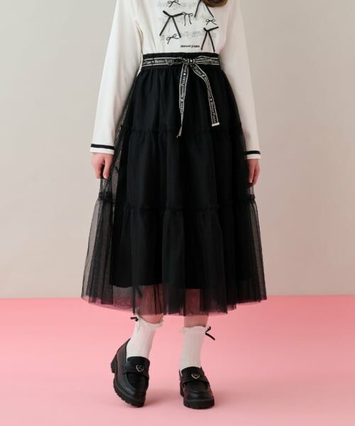 mezzo piano junior / メゾピアノジュニア ミニ・ひざ丈スカート | 音符柄ベルトフリルチュールスカート♪（黒）