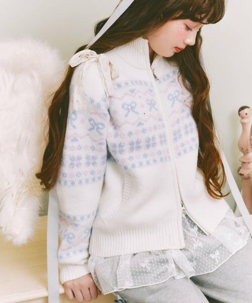 mezzo piano junior / メゾピアノジュニア カーディガン・ボレロ | リボン柄ノルディックジップカーディガン（オフ ホワイト）