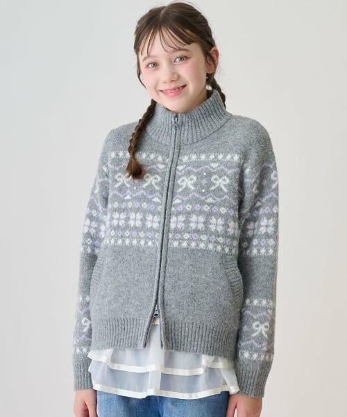 mezzo piano junior / メゾピアノジュニア カーディガン・ボレロ | リボン柄ノルディックジップカーディガン（グレー）
