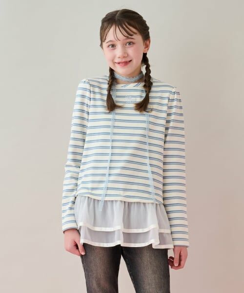 mezzo piano junior / メゾピアノジュニア Tシャツ | オーガンジーフリルつき長袖Tシャツ（ライト ブルー）