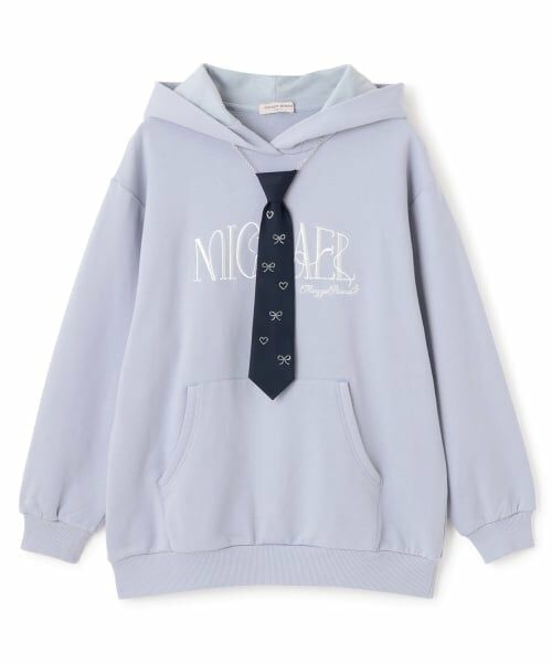 mezzo piano junior / メゾピアノジュニア パーカー | ビジューネクタイつきBIGパーカ（ライト ブルー）