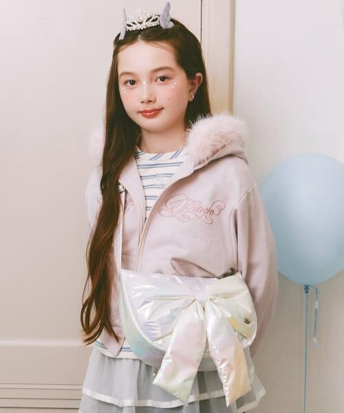 mezzo piano junior / メゾピアノジュニア パーカー | フェイクファーつきラメ裏毛ジップパーカ（ライト ピンク）