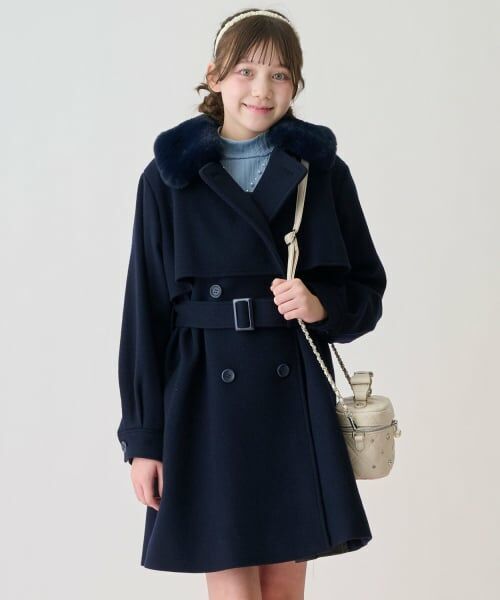 mezzo piano junior / メゾピアノジュニア その他アウター | フェイクファー衿つきミドルコート（紺）