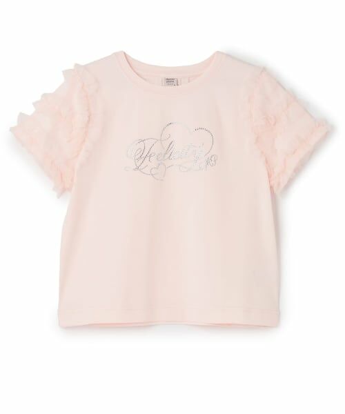 mezzo piano junior / メゾピアノジュニア Tシャツ | ☆彡袖チュールフリル半袖Tシャツ（ライト ピンク）