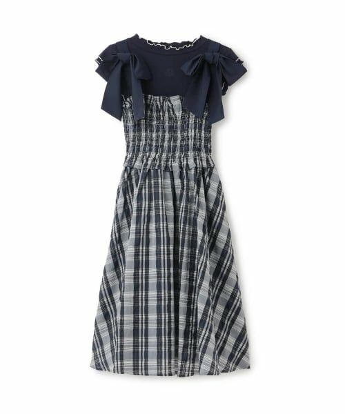 mezzo piano junior / メゾピアノジュニア ミニ丈・ひざ丈ワンピース | 【人気商品再入荷】【直営店で取り扱い無し】ショルダーリボンジャンスカ＆メローインナーセット（紺）