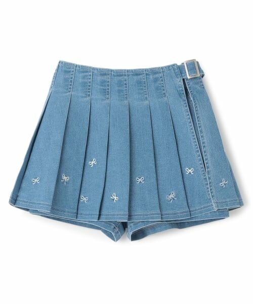mezzo piano junior / メゾピアノジュニア ショート・ハーフ・半端丈パンツ | リボン刺しゅう入りラッププリーツショートパンツ（ライト ブルー）