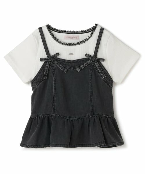 mezzo piano junior / メゾピアノジュニア Tシャツ | ペプラムビスチェ＆トリムレースTシャツセット（黒）