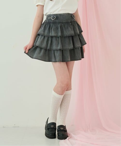 mezzo piano junior / メゾピアノジュニア ショート・ハーフ・半端丈パンツ | ハートバックルベルトつきティアードスカパン(ライト グレー)