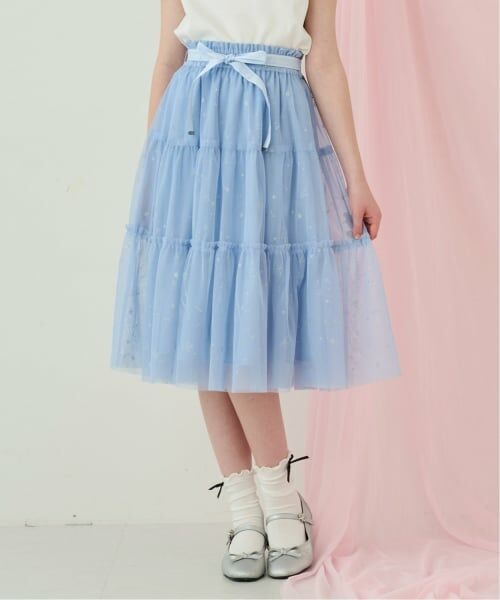 mezzo piano junior / メゾピアノジュニア ミニ・ひざ丈スカート | ラメプリントチュールスカート♪(ライト ブルー)