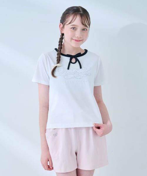 mezzo piano junior / メゾピアノジュニア Tシャツ | 【接触冷感】フロントリボンキラキラロゴTシャツ（オフ ホワイト）