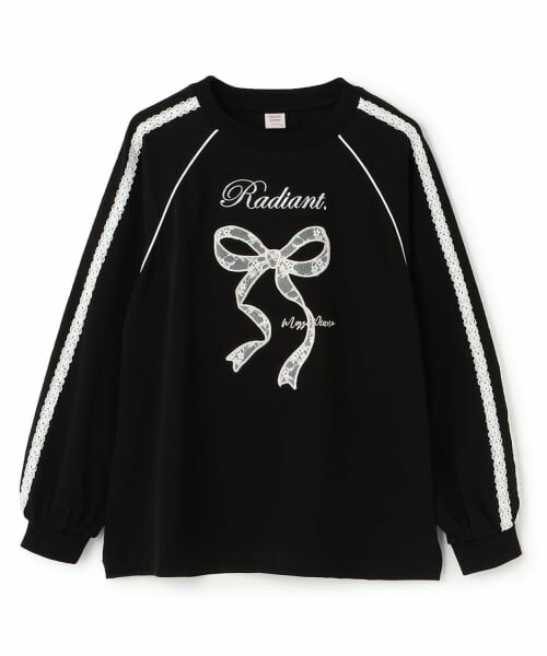 mezzo piano junior / メゾピアノジュニア Tシャツ | ☆彡レースリボンアップリケ長袖Tシャツ(黒)