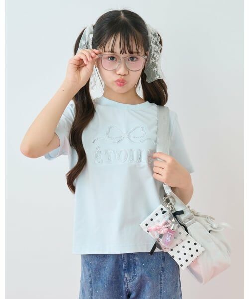 mezzo piano junior / メゾピアノジュニア Tシャツ | 【接触冷感】ぷっくりキラキラリボンTシャツ(ライト ブルー)