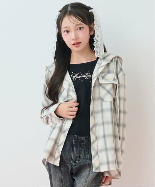 mezzo piano junior / メゾピアノジュニア シャツ・ブラウス | フードシャツ×ラインストーンロゴ長袖Tシャツセット(アイボリー)