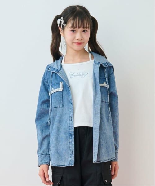 mezzo piano junior / メゾピアノジュニア シャツ・ブラウス | フードシャツ×ラインストーンロゴ長袖Tシャツセット(ブルー)