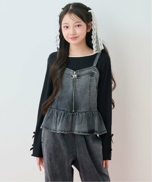 mezzo piano junior / メゾピアノジュニア その他トップス | デニムペプラムビスチェ×トリムレースロンT×デニムロングパンツセット | 詳細1