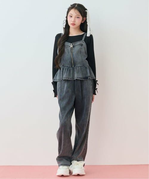 mezzo piano junior / メゾピアノジュニア その他トップス | デニムペプラムビスチェ×トリムレースロンT×デニムロングパンツセット(黒)