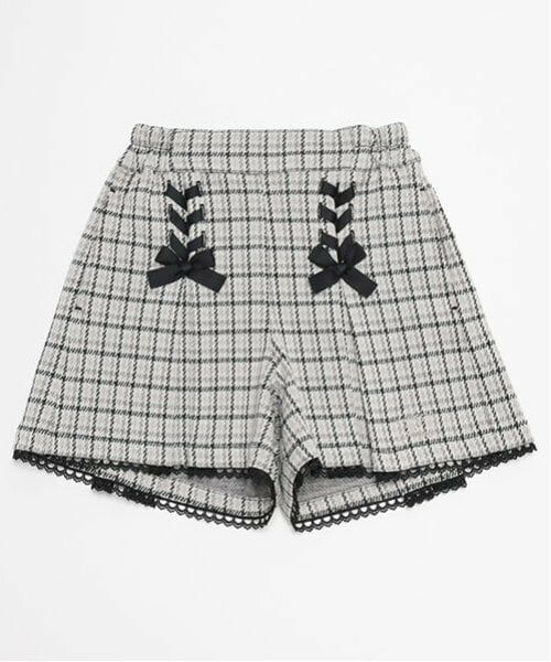 mezzo piano / メゾピアノ ショート・ハーフ・半端丈パンツ | レースアップ　カットジャガードチェック　キュロットスカート（黒）