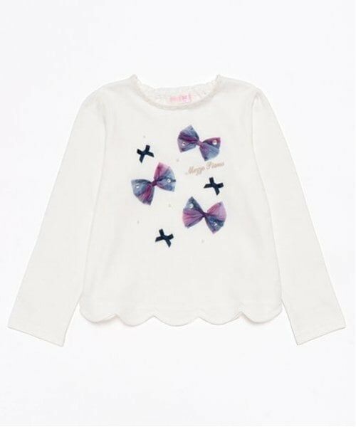 mezzo piano / メゾピアノ Tシャツ | チェックリボンいっぱい　長袖Tシャツ（オフ ホワイト）