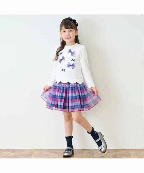 mezzo piano / メゾピアノ Tシャツ | チェックリボンいっぱい　長袖Tシャツ | 詳細1