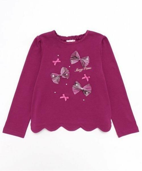 mezzo piano / メゾピアノ Tシャツ | チェックリボンいっぱい　長袖Tシャツ（マゼンダ）