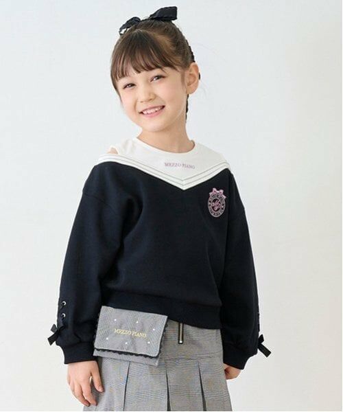 mezzo piano / メゾピアノ スウェット | レイヤード風　肩開きトレーナー（黒）