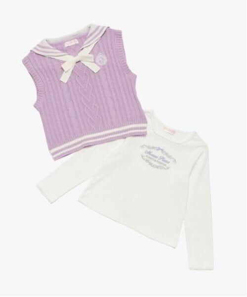 mezzo piano / メゾピアノ Tシャツ | セーラーニットベスト　＆長袖Tシャツ　セット（ラベンダー）
