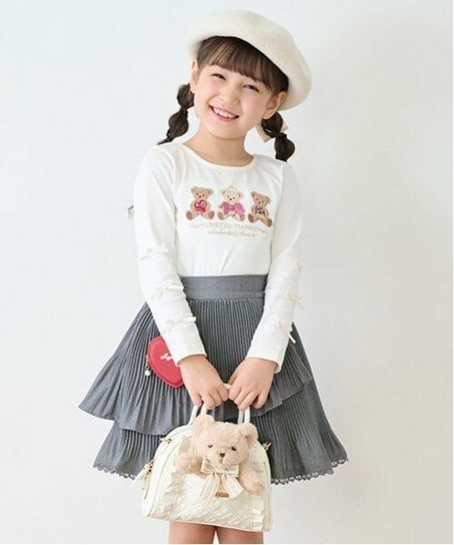 mezzo piano / メゾピアノ Tシャツ | くま　リボン長袖Tシャツ（オフ ホワイト）