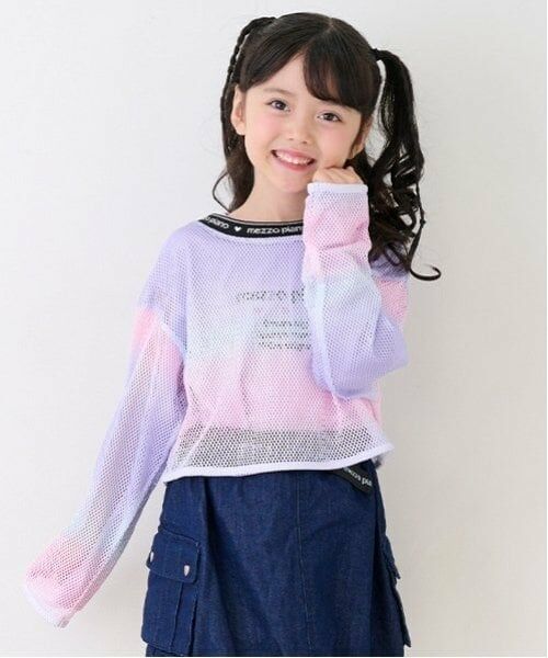 mezzo piano / メゾピアノ Tシャツ | グラデーションメッシュ&肩開き長袖Tシャツセット(ライラック)